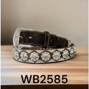 WB2585 RANGER BELT BROWN LEATHER COWHIDE SILVER BERRY CONCHOS ROPE 42 HEAVY